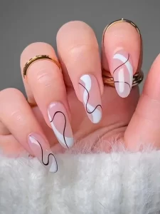 Black and White Curve Line Nail Art Hitam dan Putih