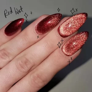 Cat Eye Red and Gold Nails Nail Art Merah Gold