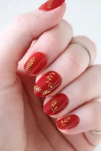 Gold Leaves Nails Nail Art Merah Gold